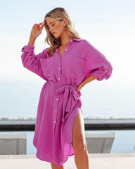 PREORDER - Kennedy Cotton Pocketed Button Down Tunic - Bubblegum Oshnow
