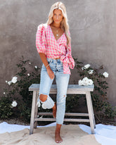 Palermo Linen Puff Sleeve Gingham Wrap Top Oshnow