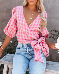 Palermo Linen Puff Sleeve Gingham Wrap Top Oshnow