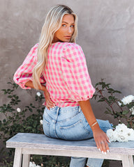 Palermo Linen Puff Sleeve Gingham Wrap Top Oshnow