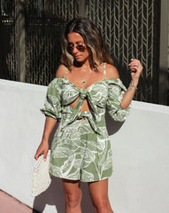 Palm Springs Cotton Off The Shoulder Cutout Pocketed Romper - Green Oshnow