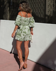 Palm Springs Cotton Off The Shoulder Cutout Pocketed Romper - Green Oshnow