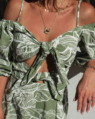 Palm Springs Cotton Off The Shoulder Cutout Pocketed Romper - Green Oshnow