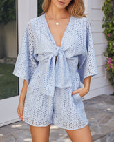 Parade Cotton Eyelet Pocketed Tie Front Romper - Sky Blue Oshnow