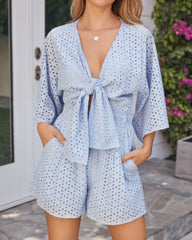 Parade Cotton Eyelet Pocketed Tie Front Romper - Sky Blue Oshnow