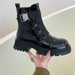 Patent Leather Multi Buckle Straps Combat Boots Oshnow
