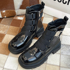 Patent Leather Multi Buckle Straps Combat Boots Oshnow