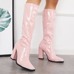 Patent Leather Square Toe Block Chunky Heel Knee High Boots Oshnow