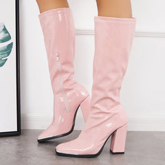 Patent Leather Square Toe Block Chunky Heel Knee High Boots Oshnow