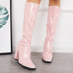 Patent Leather Square Toe Block Chunky Heel Knee High Boots Oshnow