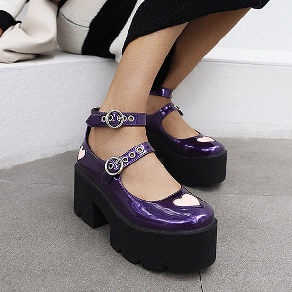 Patent Pink Heart Double Buckle Platform Mary Jane Shoes Oshnow