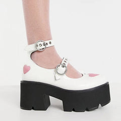 Patent Pink Heart Double Buckle Platform Mary Jane Shoes Oshnow