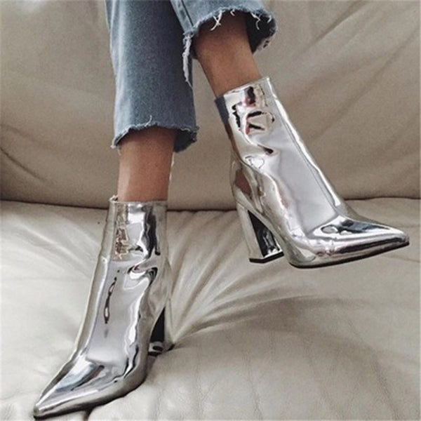 Patent Pointed Toe Chunky Zipper Heeled Boots Oshnow