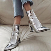 Patent Pointed Toe Chunky Zipper Heeled Boots Oshnow