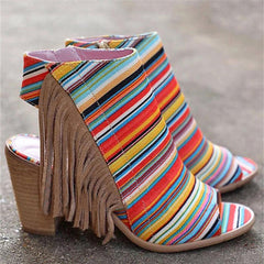 Peep Toe Chunky Heel Zipper Stripe Sandals Oshnow