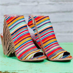 Peep Toe Chunky Heel Zipper Stripe Sandals Oshnow
