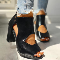 Peep Toe Cutout Rivet Chunky Heel Boots Oshnow