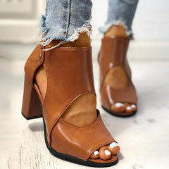 Peep Toe Cutout Rivet Chunky Heel Boots Oshnow