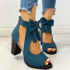 Peep Toe Mesh Insert Bowknot Chunky Heeled Sandals Oshnow