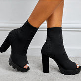 Peep Toe Slip-On Elastic Chunky Heel Boots Oshnow