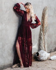 Peony Long Sleeve Lace Maxi Romper - Burgundy Oshnow