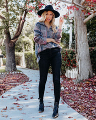 Pima Relaxed Houndstooth Button Down Top - Burgundy Oshnow