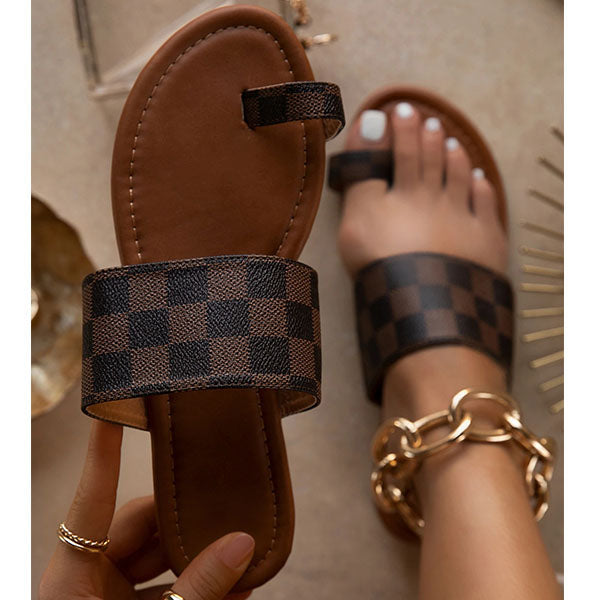 Plaid Toe Loop Slip-On Open Rounded Toe Slippers Oshnow
