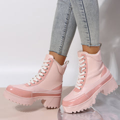 Platform Chunky Heel Warm Booties Lace Up Fur Lining Ankle Boots Oshnow
