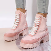 Platform Chunky Heel Warm Booties Lace Up Fur Lining Ankle Boots Oshnow