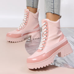 Platform Chunky Heel Warm Booties Lace Up Fur Lining Ankle Boots Oshnow