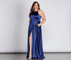 Plus Gabrielle Formal High Slit Satin Dress Oshnow