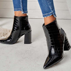 Pointed Toe Ankle Boots Side Zipper Chunky Heel Booties Oshnow