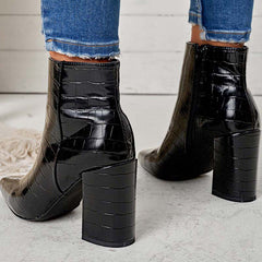 Pointed Toe Ankle Boots Side Zipper Chunky Heel Booties Oshnow