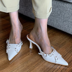 Pointed Toe Punk Rivet Buckle Mid Heeled Slides Oshnow