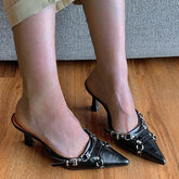 Pointed Toe Punk Rivet Buckle Mid Heeled Slides Oshnow