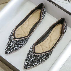 Pointed Toe Rhinestone Pearl Decor Flats Oshnow
