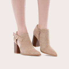 Pointed Toe Side Cutout Western Booties Chunky Heel Ankle Boots Oshnow