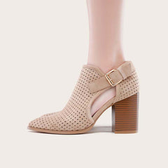 Pointed Toe Side Cutout Western Booties Chunky Heel Ankle Boots Oshnow