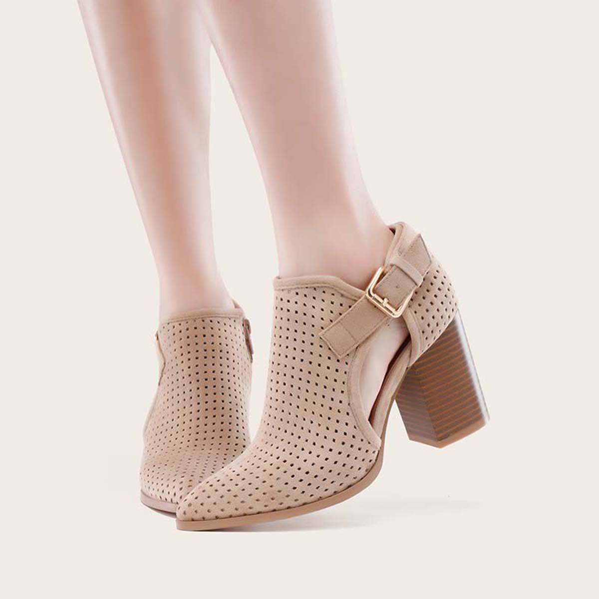 Pointed Toe Side Cutout Western Booties Chunky Heel Ankle Boots Oshnow