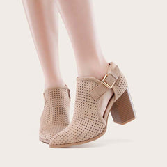 Pointed Toe Side Cutout Western Booties Chunky Heel Ankle Boots Oshnow