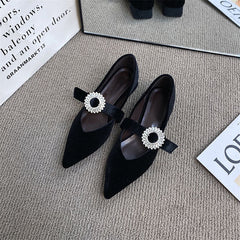 Pointed Toe Suede Rhinestone Buckle Mary Jane Shoes Oshnow