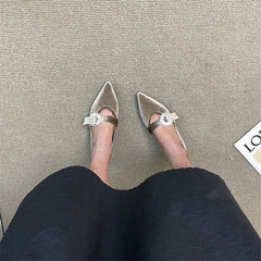 Pointed Toe Suede Rhinestone Buckle Mary Jane Shoes Oshnow