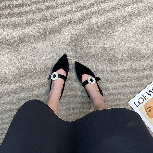 Pointed Toe Suede Rhinestone Buckle Mary Jane Shoes Oshnow