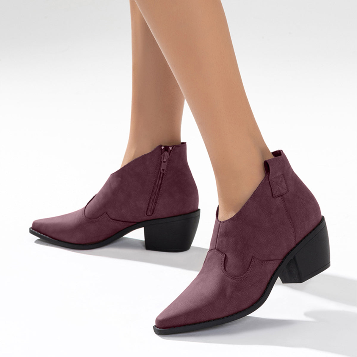 Pointed Toe Western Booties Side Zipper Chunky Heel Ankle Boots Oshnow