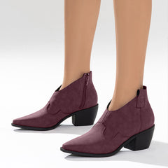 Pointed Toe Western Booties Side Zipper Chunky Heel Ankle Boots Oshnow