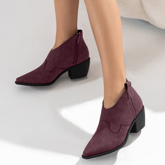 Pointed Toe Western Booties Side Zipper Chunky Heel Ankle Boots Oshnow
