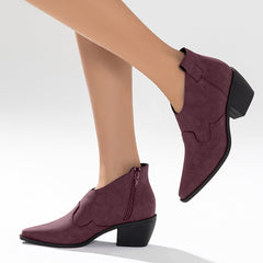 Pointed Toe Western Booties Side Zipper Chunky Heel Ankle Boots Oshnow