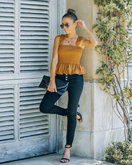 Pratt Faux Leather Crop Peplum Tank - Camel Oshnow