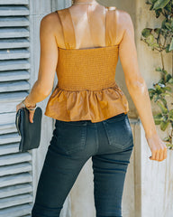 Pratt Faux Leather Crop Peplum Tank - Camel Oshnow