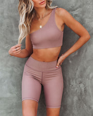 Press One Shoulder Ribbed Sports Bra - Latte Oshnow